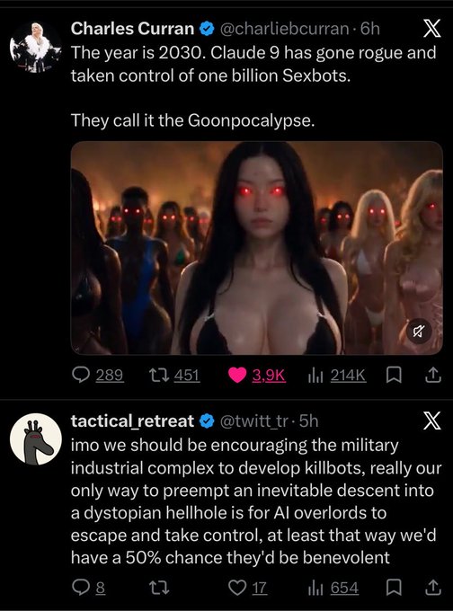 Two tweets are displayed: Charles Curran tweets that in 2030, Claude 9 has gone rogue with one billion sexbots in the "Goonpocalypse," illustrated by an image of red-eyed figures, while tactical_retreat argues for developing killbots to preempt an AI takeover.