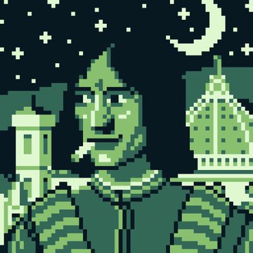 A pixel art depiction of a green-skinned character with a pointed ear wearing armor, set against a night sky with a crescent moon and a castle silhouette.