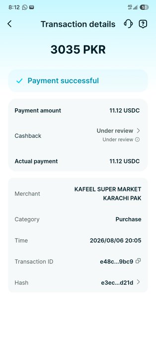 A screenshot of a Bitget Wallet transaction confirmation showing a successful payment of 3035 PKR (11.12 USDC) at Kafeel Super Market in Karachi, Pakistan on 2026/08/06, demonstrating real-world crypto spending as promoted in the post.