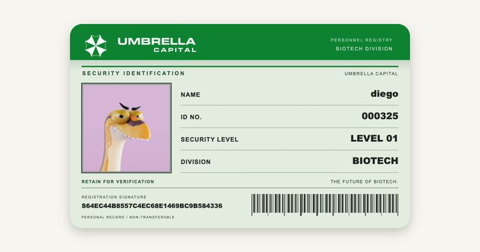A digital security ID card for 'UMBRELLA CAPITAL BIOTECH DIVISION' assigned to 'diego' with ID No. '000325' and 'SECURITY LEVEL 01', featuring a cartoon dinosaur photo.