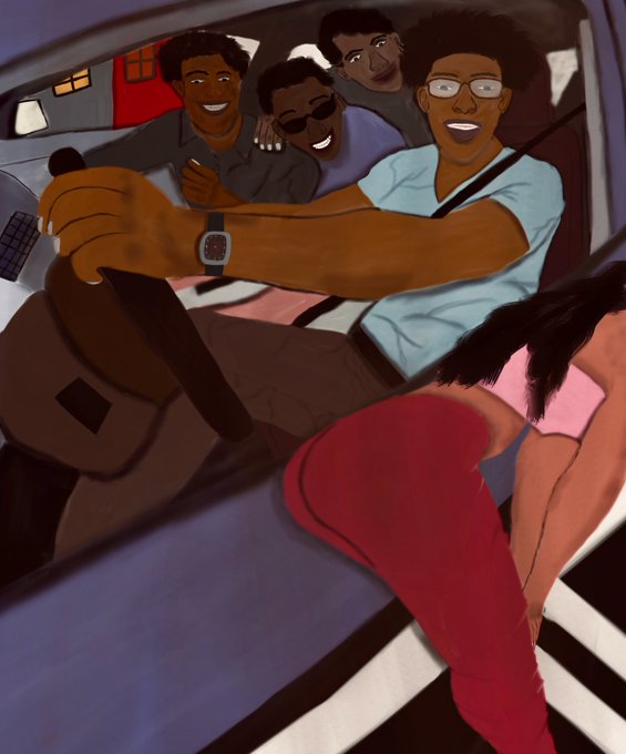 An illustration depicting four young men in a car, smiling, with one driving and wearing a digital wristwatch, while a woman in a pink top and red pants is visible in the foreground.