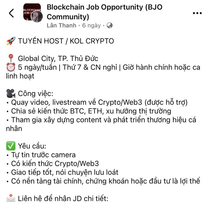 A Facebook job posting from Blockchain Job Opportunity (BJO) Community recruiting a Crypto/KOL Host in Vietnamese, with job details including video creation, knowledge sharing about BTC/ETH, and requirements including camera confidence and crypto expertise.