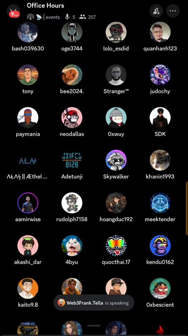 A Discord 'Office Hours' voice channel interface displaying a grid of user avatars and names like 'bash039630', 'Strange™', and 'SDK'.