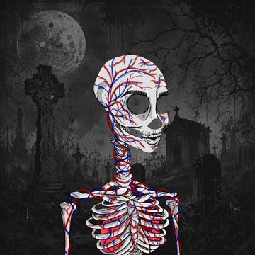 Caption 2: An illustration of a skull and skeleton with red and blue vein patterns stands against a dark background featuring a cemetery and a full moon.