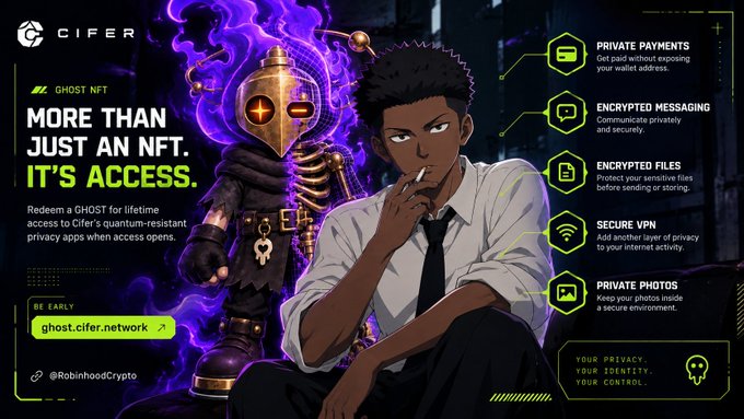 A promotional graphic for CIFER's GHOST NFT featuring anime-style artwork of a hooded figure and a man smoking, advertising services like 'PRIVATE PAYMENTS', 'ENCRYPTED MESSAGING', 'ENCRYPTED FILES', 'SECURE VPN', and 'PRIVATE PHOTOS' with the website 'ghost.cifer.network'.