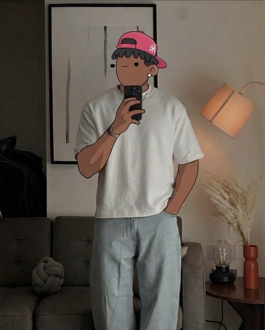 An animated character wearing a pink cap and white t-shirt takes a mirror selfie in a room with a gray couch and lamp.