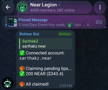 A Telegram chat screenshot from the 'Near Legion' group (4608 members, 682 online) showing a BetBear Bot message confirming a connected account 'sarthakz.near' and claiming 200 NEAR ($343.4).