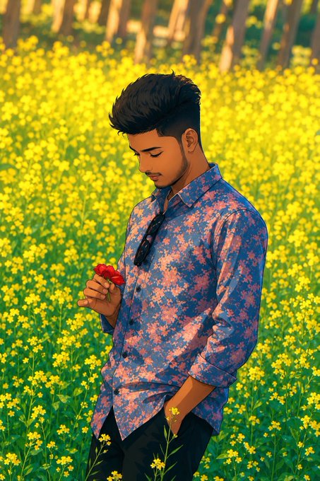 A digital illustration depicts a young man in a blue and pink floral shirt standing in a field of yellow flowers, looking down at a red flower in his hand with sunglasses tucked into his shirt.