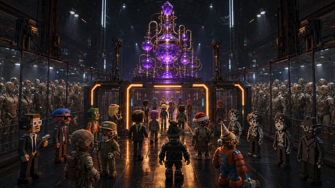 A dark, sci-fi laboratory is filled with humanoid figures wearing various masks and costumes, with a large purple glowing apparatus suspended in the background, fitting the post's announcement of giving away 50 whitelist spots to randomly selected wallets for the flasks.pro raffle.