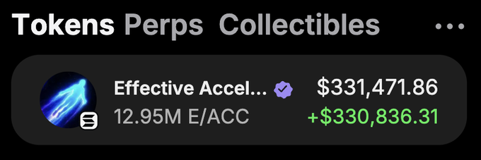 The image shows a crypto wallet displaying "Effective Accel..." (ACC) with a balance of 12.95M E/ACC valued at $331,471.86, showing a gain of +$330,836.31, illustrating the user's post about turning a $2,000 memecoin investment into $330,000.