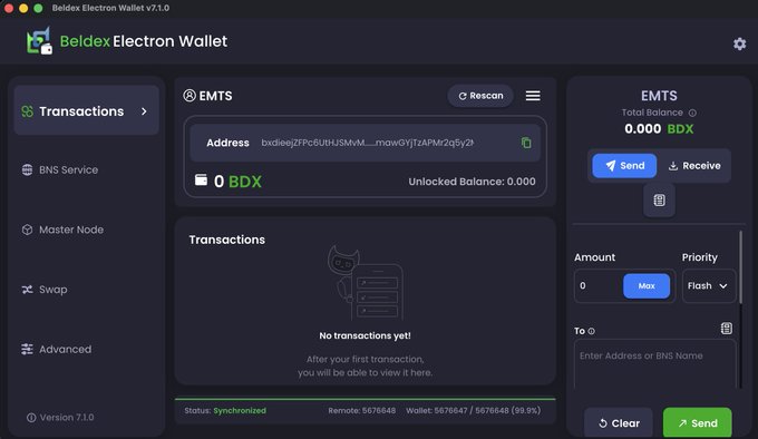 The image shows the Beldex Electron Wallet v7.1.0 interface on a Mac, displaying a new wallet with a 0.000 BDX balance and an empty transactions list, confirming the user's successful initial setup. The wallet is synchronized (99.9%) with remote node 5676648, showing it's ready for transactions.