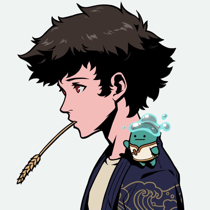 An anime-style illustration shows a side profile of a young man with messy black hair and red eyes, holding a stalk of wheat in his mouth, with a small green creature wearing a bubble helmet perched on his shoulder.