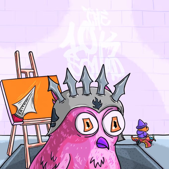 A digital cartoon illustration features a pink furry creature with large eyes wearing a spiked gray helmet, standing in a studio with an orange canvas reading 'FAITH' and a small bear on a tricycle in the background.