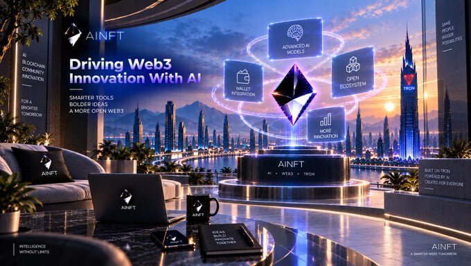 A futuristic Web3 marketing graphic for AINFT featuring the Ethereum logo, with text "Driving Web3 Innovation With AI - Smarter Tools Bolder Ideas - A More Open Web3," showing AI, Blockchain, Community, and Innovation elements in a sleek cityscape setting.