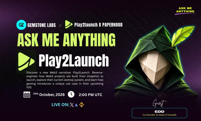 Promotional poster for an “Ask Me Anything” featuring Gemstone Labs and Play2Launch x Paperhood, with guest Edd, Co-founder & Head of Growth. It advertises a live Binance broadcast on 20th October 2026 at 2:00 PM UTC, focusing on Play2Launch’s Web3 project-building, airdrop opportunities, gaming utility, and upcoming IDO.