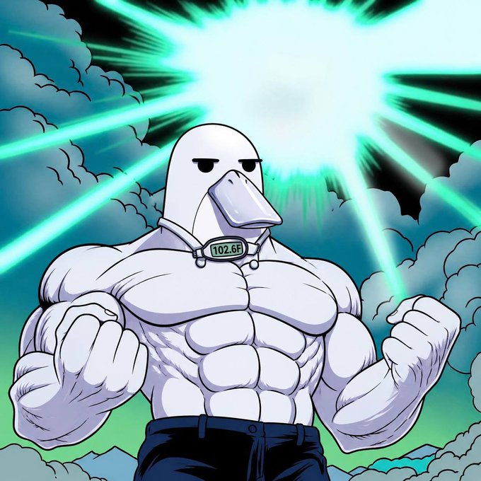 A muscular anthropomorphic seagull with a tag reading "102.6E" on its collar stands triumphantly against a radiant green glowing aura, flexing its biceps with clenched fists. The image humorously embodies the post's boast of being "powerful with green candles," using the vivid green energy and ripped physique to parody crypto trading bravado even without actual green price candles present.
