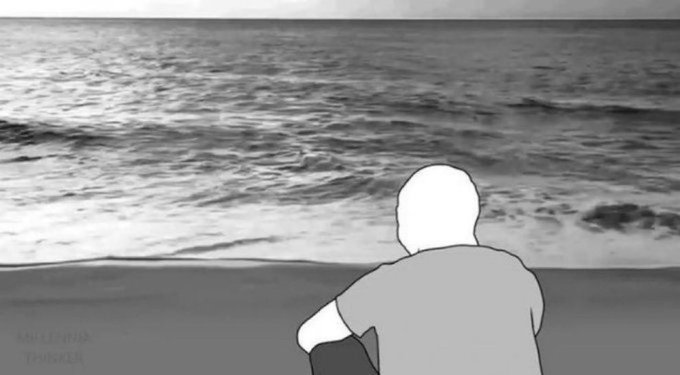 A minimalist grayscale illustration of a person sitting on a beach, viewed from behind, looking out at the ocean waves.