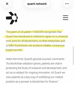 A webpage from quant.network highlights that US patent 11842335 recognizes Quant's method for unifying blockchain time zones to produce reliable, consensus-based records. The post references QNT's regulatory progress in the EU and Japan, tying the patent milestone to the company's ongoing innovation in blockchain for finance.