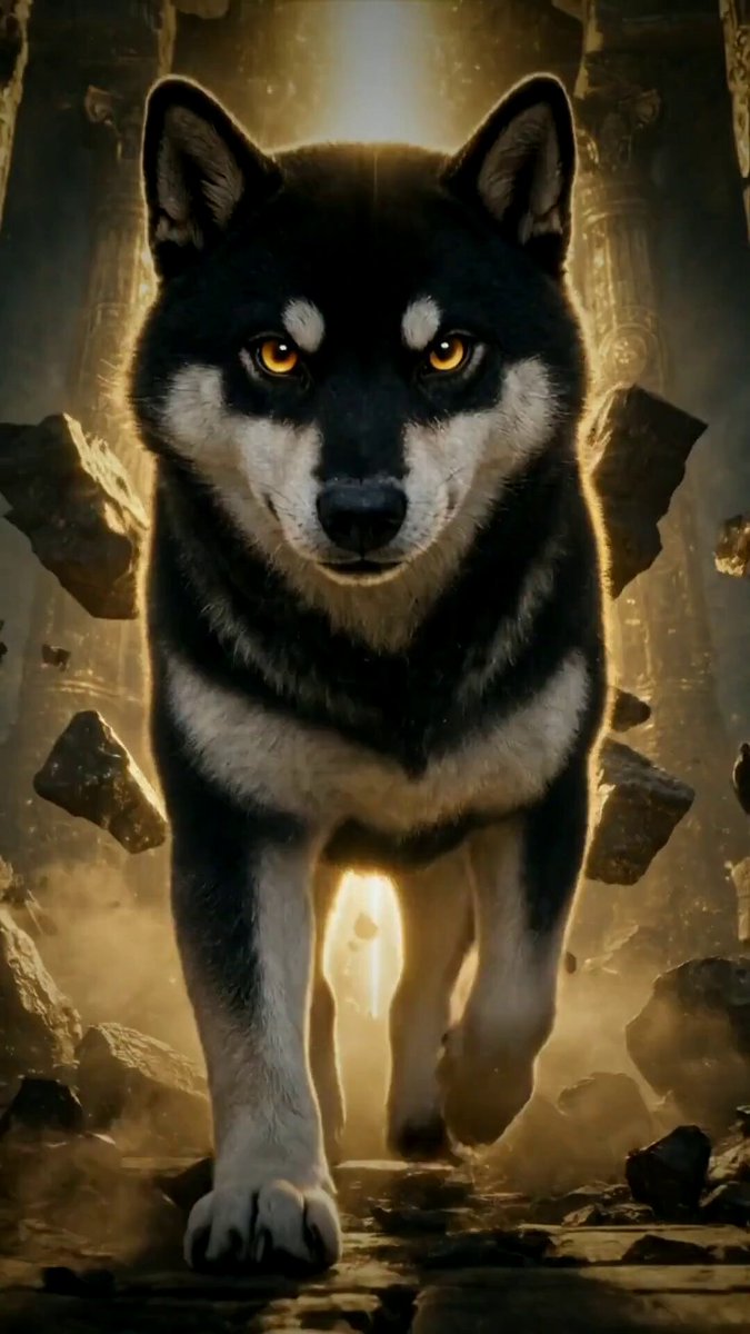 The image features a black and white dog walking through a rocky area, with its head turned towards the camera. The background of the photo has a dark color that contrasts with the dog's fur, making it stand out even more. The dog appears to be in motion as it walks across the scene.