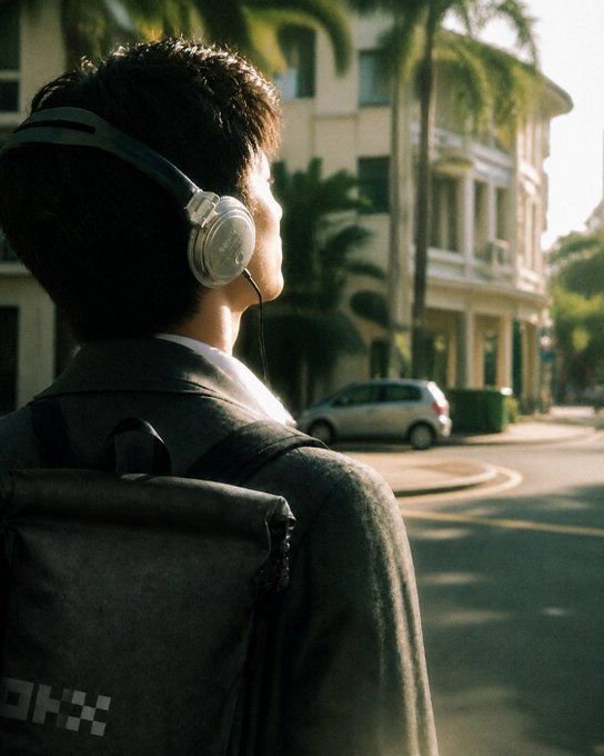 An over-the-shoulder view of a person wearing headphones and a backpack walking down a sunny, palm-lined street with a white car parked in the background.