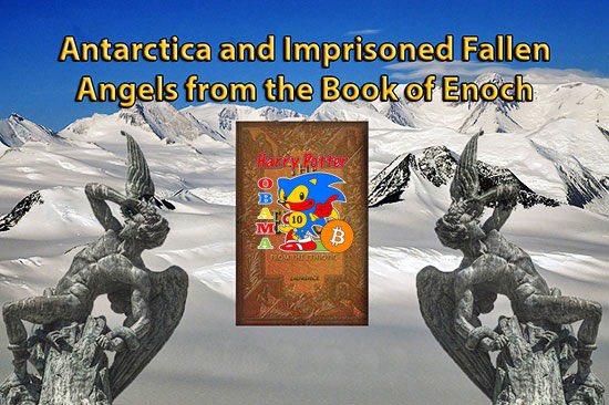 A YouTube thumbnail showing two gargoyle statues flanking a periodic table poster, with title text 'Antarctica and Imprisoned Fallen Angels from the Book of Enoch'