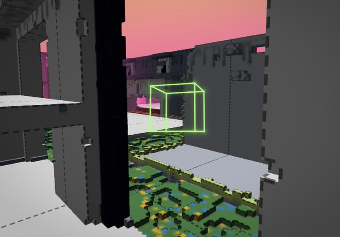 A voxel-style 3D scene showing gray blocky structures with a neon green wireframe cube floating above pixelated green terrain under a pink sky.