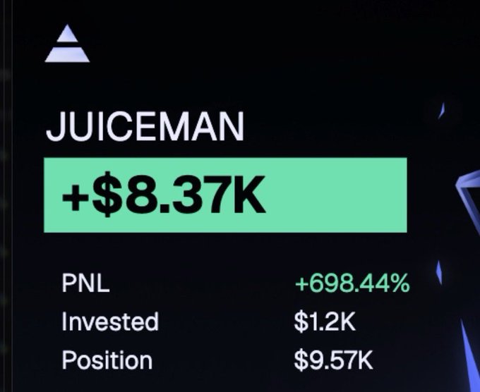 A trading performance graphic titled 'JUICEMAN' displaying +$8.37K in green, with PNL of +698.44%, an investment of $1.2K, and a current position of $9.57K.