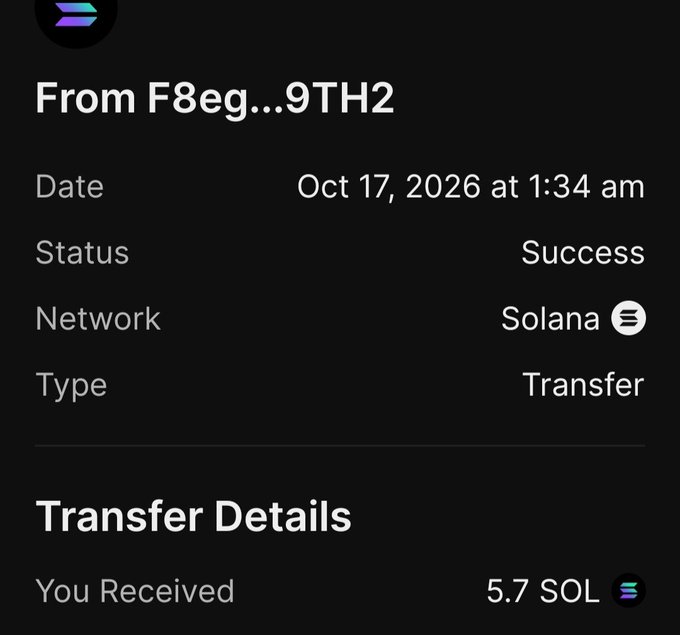 A Solana transfer confirmation screen shows “From F8eg...9TH2,” “Oct 17, 2026 at 1:34 am,” “Success,” “Transfer,” and “You Received 5.7 SOL.”
