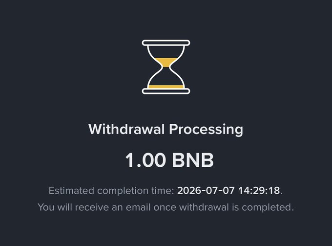 A withdrawal processing screen showing '1.00 BNB' with an estimated completion time of '2026-07-07 14:29:18'.
