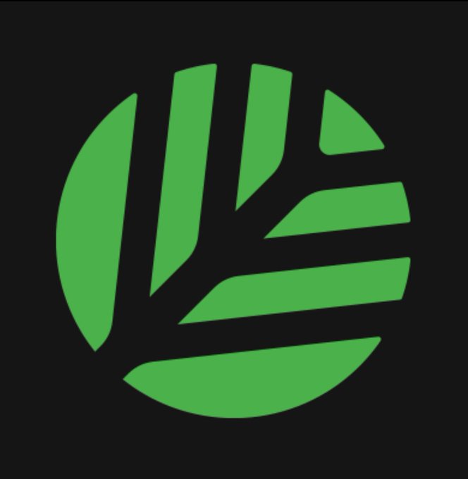 The image displays a green circular logo featuring a stylized hand or palm design with five distinct finger-like segments radiating outward, set against a black background. This logo visually represents Canopy's "peer-to-peer security mesh" concept, with the interconnected fingers symbolizing multiple specialized chains linking together to form a unified, sovereign ecosystem.