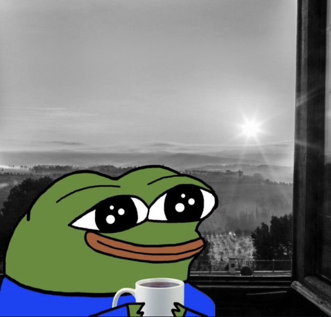 A Pepe the Frog meme, looking out a window at a sunrise with a cup of coffee, reflects the crypto community's greeting "GM" (Good Morning).
