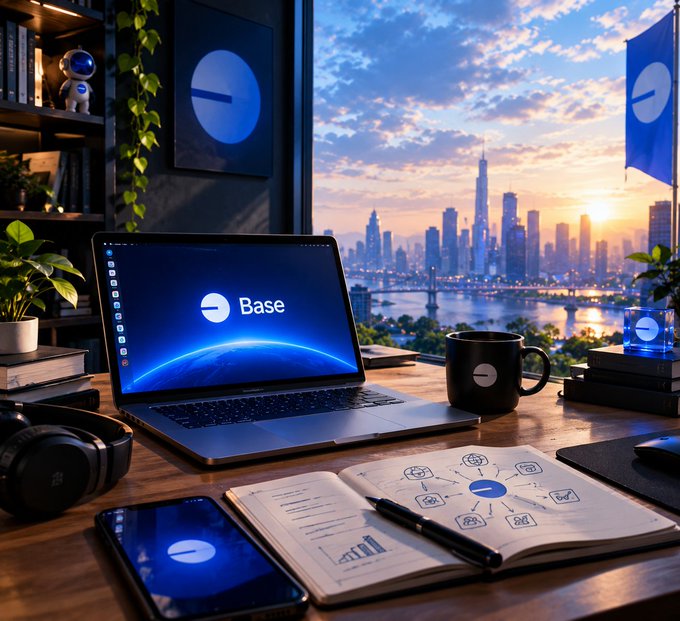 A desk setup featuring a laptop and phone displaying the 'Base' logo, alongside a coffee mug and notebook, with a city skyline at sunset in the background.