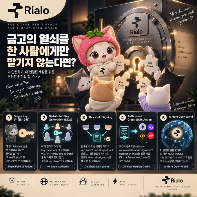 A promotional infographic for 'Rialo' titled 'POLICY-DRIVEN FINANCE FOR A MORE OPEN WORLD' featuring Korean text and illustrated cats sharing keys, explaining a 5-step process: Single Key, Distributed Key Generation (DKG), Threshold Signing, Authorized Cross-chain Action, and A More Open World.