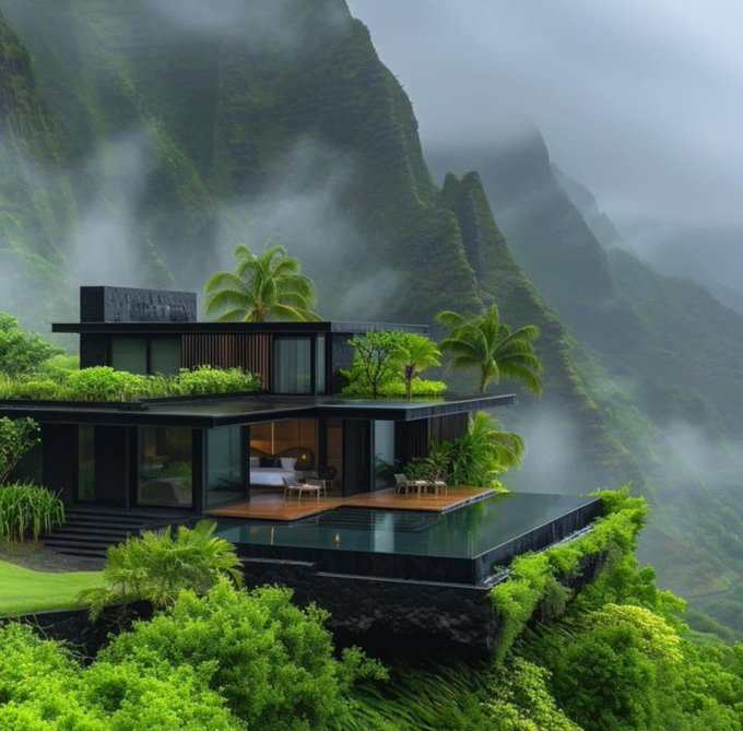 A modern black house with large glass windows and a pool sits on a lush green cliffside, surrounded by mist-covered mountains and tropical palm trees.