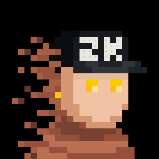 A pixel art character with a backwards black "2K" cap and glowing yellow eyes appears to be disintegrating into brown pixels, evoking a glitchy, low-resolution aesthetic that ties into the retro gaming vibe suggested by "Zillions."
