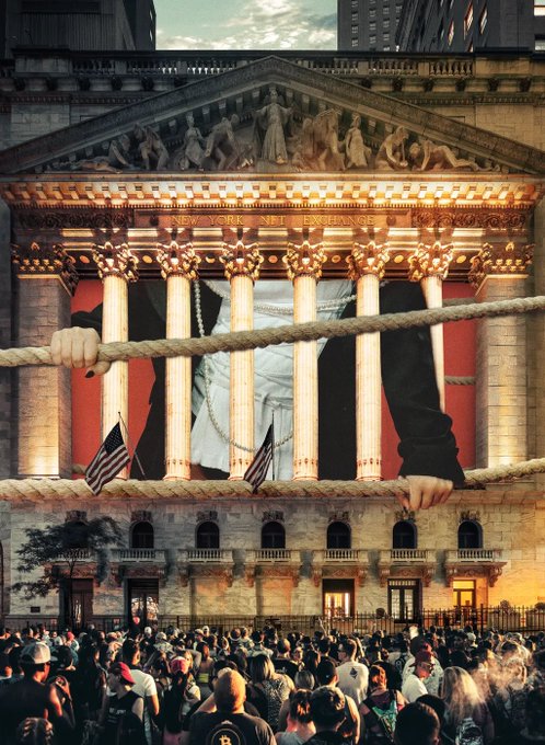 A creative composite image shows a giant hand gripping ropes over the New York Stock Exchange building, which displays the words 'NEW YORK STOCK EXCHANGE' and '1825', with a Statue of Liberty figure visible between the columns and a crowd gathered below.