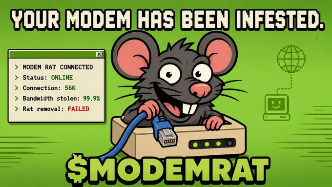 A retro-style pixel art graphic featuring a grinning gray rat emerging from a modem, with a fake "diagnostic" window reading "YOUR MODEM HAS BEEN INFESTED" and "MODEM RAT CONNECTED... Bandwidth stolen: 99.9%... Rat removal: FAILED," promoting the $MODEMRAT Solana memecoin. The image visually matches the post's nostalgic internet-themed pitch, using the "infested modem" gag to reinforce the chaotic, meme-driven branding of the coin.