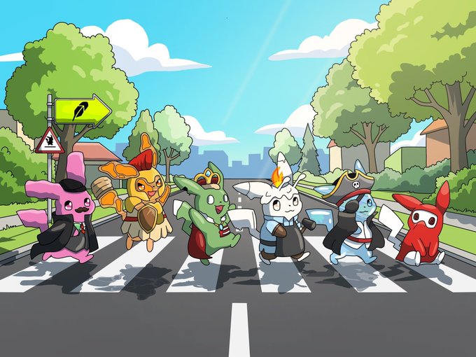 A cartoon illustration of various small creatures, including a yellow bird knight and a pink bat, crossing a street in a parody of the Abbey Road album cover.