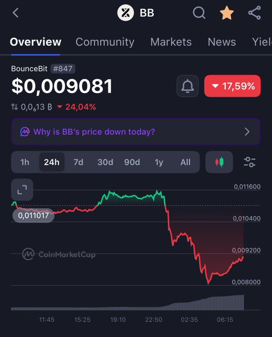 A CoinMarketCap chart for BounceBit ($BB) shows its price down 24.04% over 24 hours, trading at $0.009081 with a sharp downward trend visible from late evening into early morning hours. The declining price action supports the post's description of $BB as one of the year's biggest bubbles that is still falling.