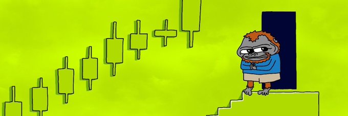 A cartoon-style illustration shows a bearish-looking Robber Hood character with a gray beanie, blue hoodie, and a red beard standing at the top of a staircase in front of a dark doorway, while a row of green candlestick chart patterns rises in the background, visually representing the trading context of the post announcing a "Chain-Robin Hood" 5GTD GA NFT drop.