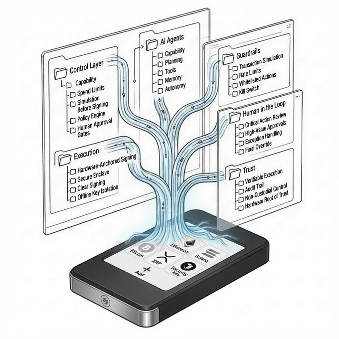 A digital illustration shows a smartphone displaying cryptocurrency coins connected by flowing lines to folders labeled "Control Layer," "AI Agents," "Execution," "Guardrails," "Human in the Loop," and "Trust."
