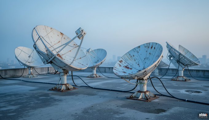 Several weathered white satellite dishes stand on a rooftop under a blue sky, with cables running across the concrete surface.