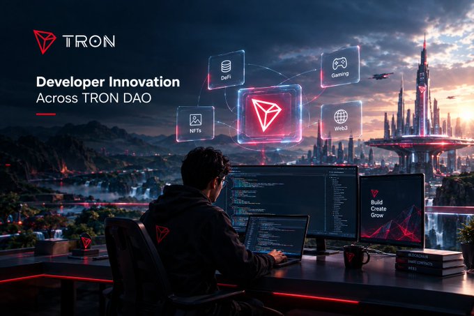 A promotional graphic for TRON blockchain titled 'Developer Innovation Across TRON DAO,' showing a developer coding at multiple monitors in a futuristic cityscape setting with floating icons for DeFi, Gaming, NFTs, and Web3.