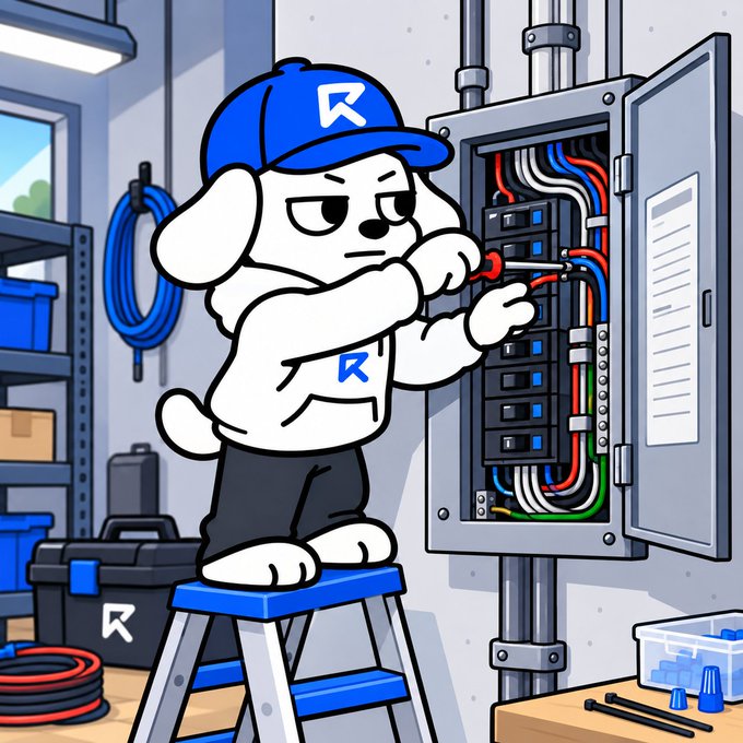 A cartoon dog mascot wearing a blue "R" cap stands on a ladder, using a screwdriver to work on an open electrical panel filled with wires and breakers, with a tool chest also marked "R" nearby. The image visually represents the "shipping" of platform upgrades announced in the post—symbolizing behind-the-scenes technical maintenance and improvements being delivered to users.
