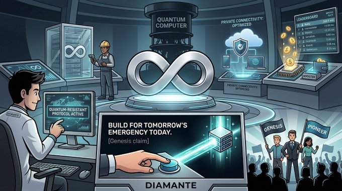 An illustrated graphic depicts a 'Quantum Computer' and the 'Diamante' Genesis claim, featuring a scientist activating a 'Quantum-Resistant Protocol' while supporters hold Genesis and Pioneer flags.