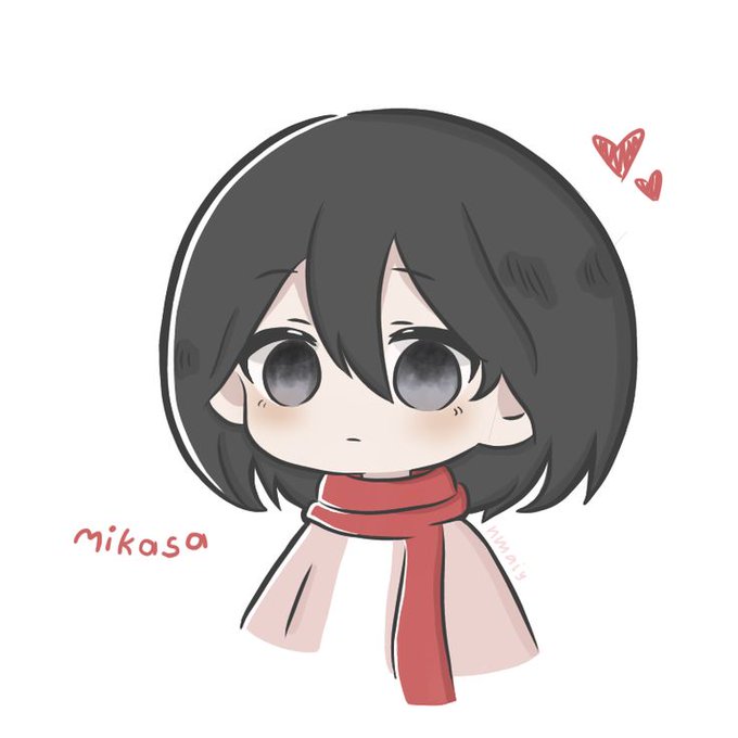 A chibi-style drawing of a girl with short black hair and large eyes wearing a red scarf, labeled 'Mikasa' with small red hearts beside her head.