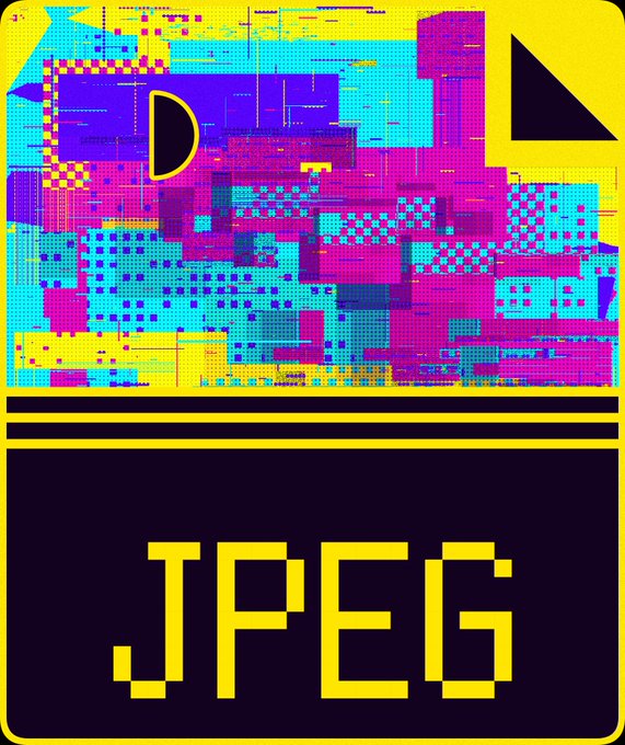 A vibrant, pixel-art style logo for 'JPEG' featuring bright pink, blue, and yellow glitch-like geometric patterns with a stylized 'D' and triangle icons.