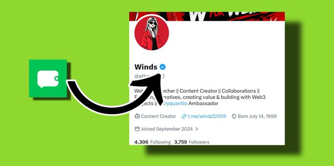A promotional graphic on a green background showing a Cash App logo with an arrow pointing to a Twitter profile for 'Winds' (@gffv...), a Web3 Content Creator and Ambassador, with 3,759 followers.