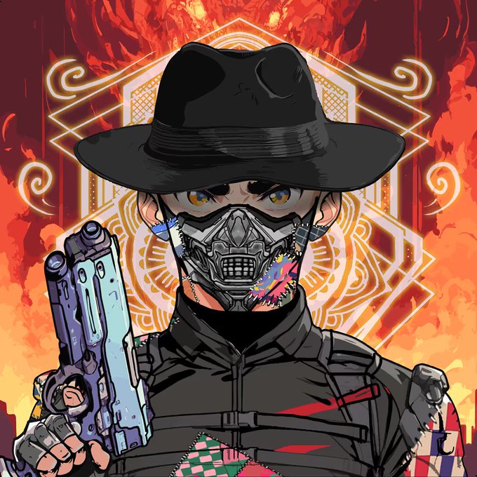 An anime-style illustration of a character wearing a black fedora and a menacing mask with teeth, holding a futuristic blue and silver pistol against a fiery red background with mystical symbols.
