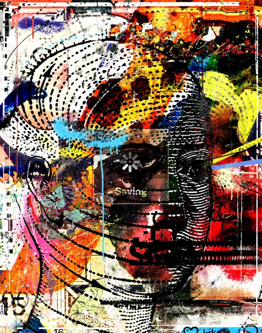 This vibrant mixed-media artwork titled "Save Yourself (009)" by artist @adhd143 features a chaotic, fragmented face rendered through a collage of colorful textures, halftone dot patterns, and glitchy digital elements, with the word "Saving" visible across the eye area—visually echoing the title's urgent, fragmented theme within a 1/Month curated NFT drop.